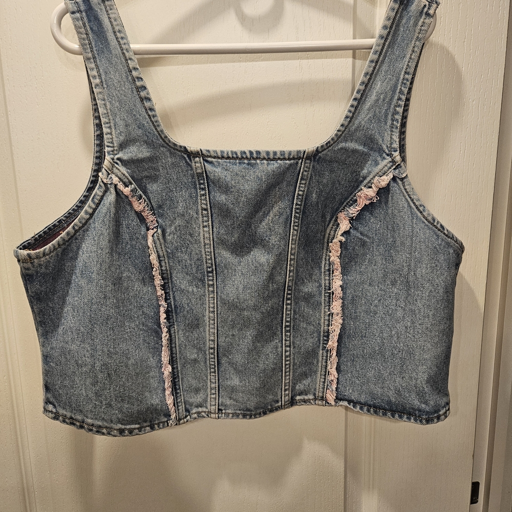 Lee Denim Crop Top with Pink Frayed Trim